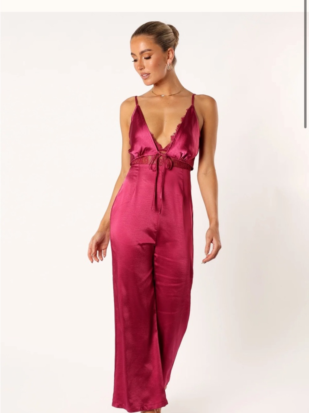 Petal & pup Berry Satin Plunge Jumpsuit with Lace Trim
